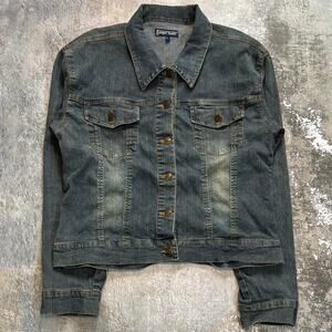 Y2K Dark Wash Denim Jacket. Spring Summer Temper Jeans Faded Size Large.